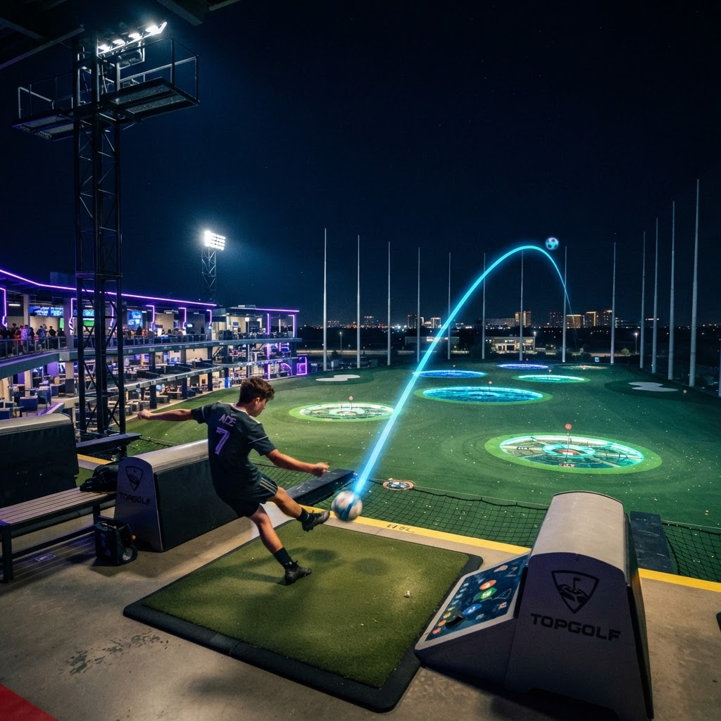 Player striking a football toward giant glowing ring targets across a floodlit open field