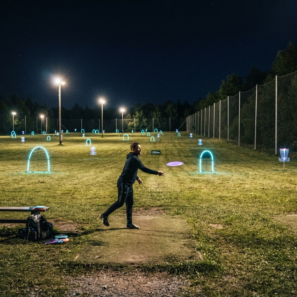 Player throwing a glowing flying disc out over an open field toward lit hoop gates and basket targets
