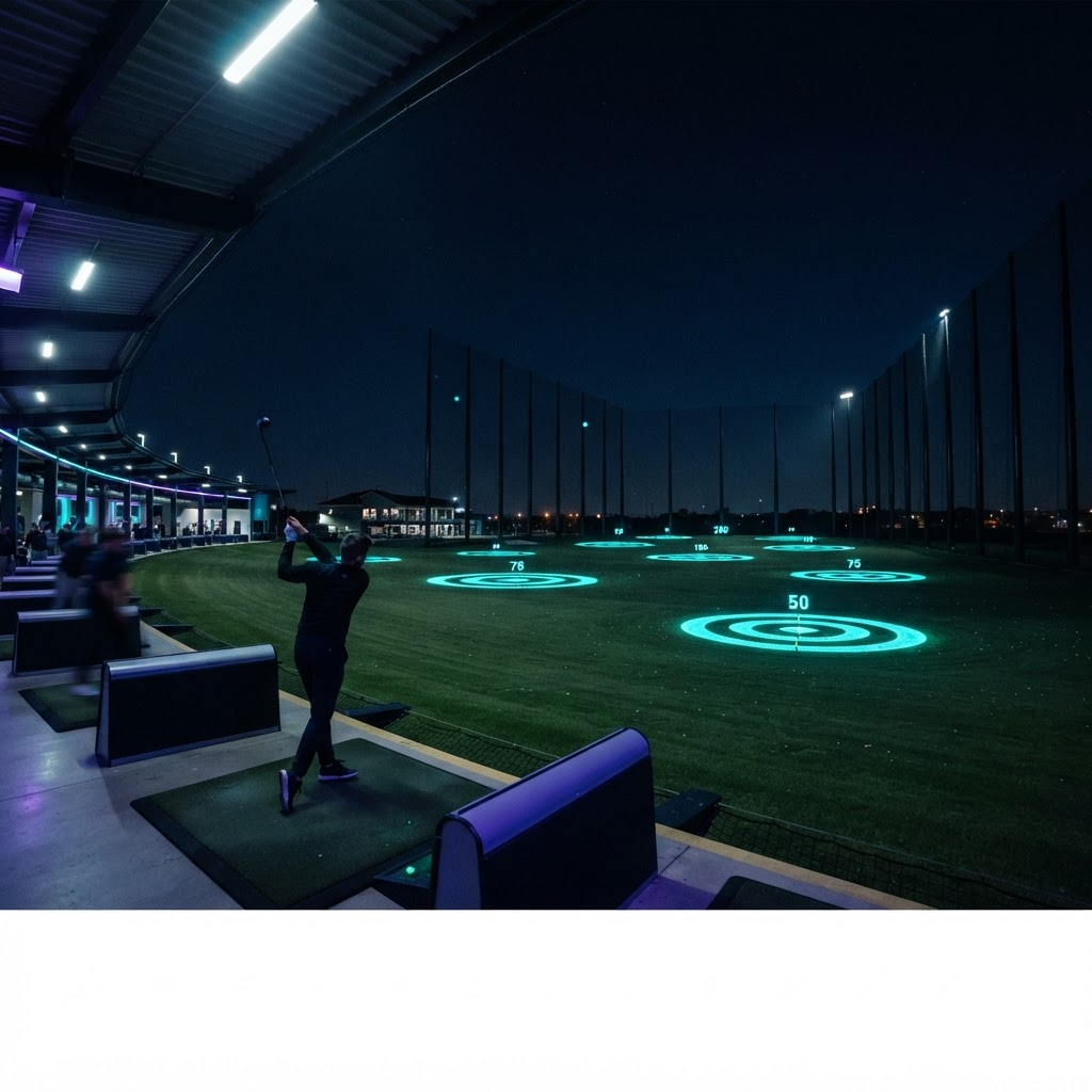 Golfer mid-swing driving toward glowing bullseye targets across a floodlit open outfield at night