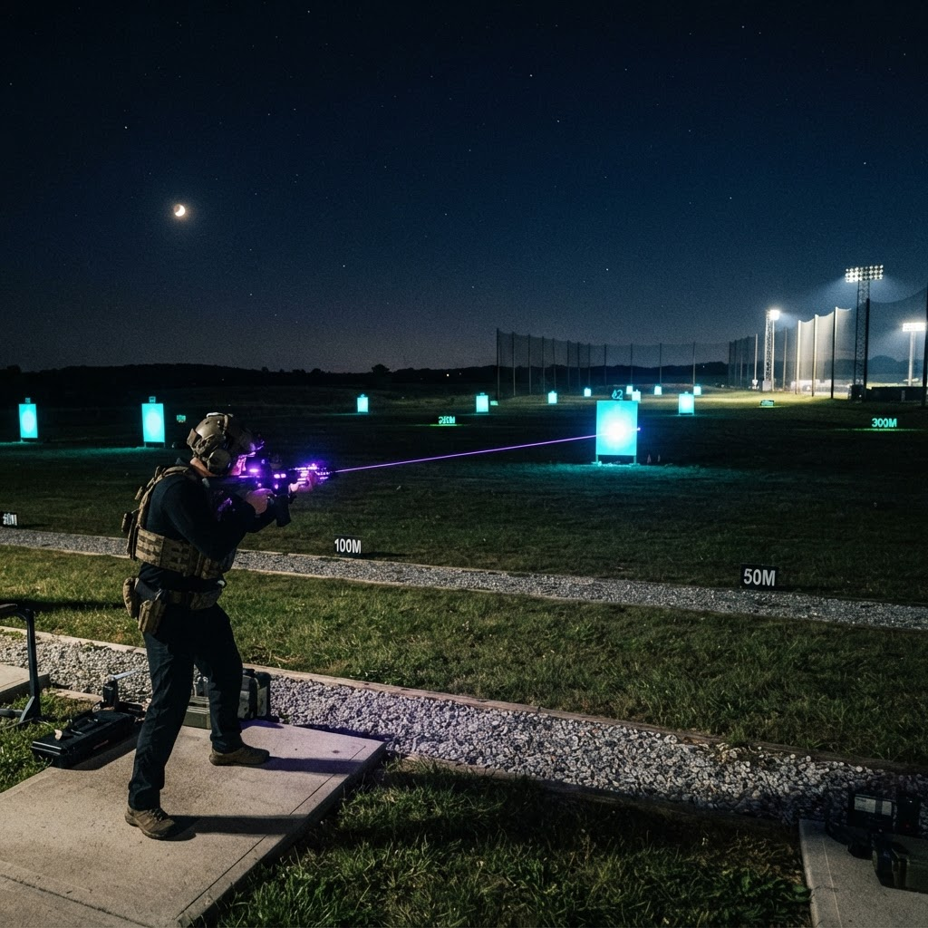 Player aiming a laser blaster at lit target boards standing across an open field at night